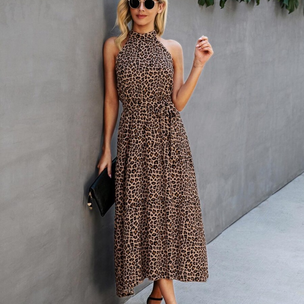 Boho Camel Leopard Belted Ruffle Halter Dress - Picture 1 of 4